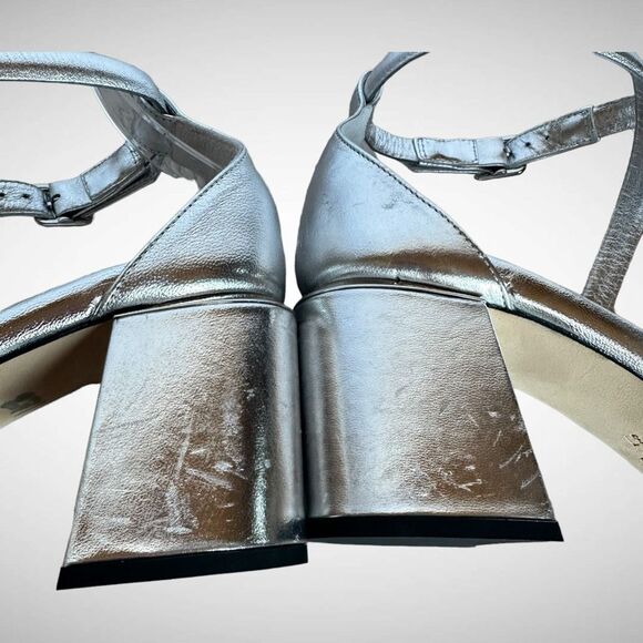 Jimmy Choo Rheea 65 mm Metallic Silver Leather Sandal Block Heel Size EU 37 US 7 - Picture 13 of 15